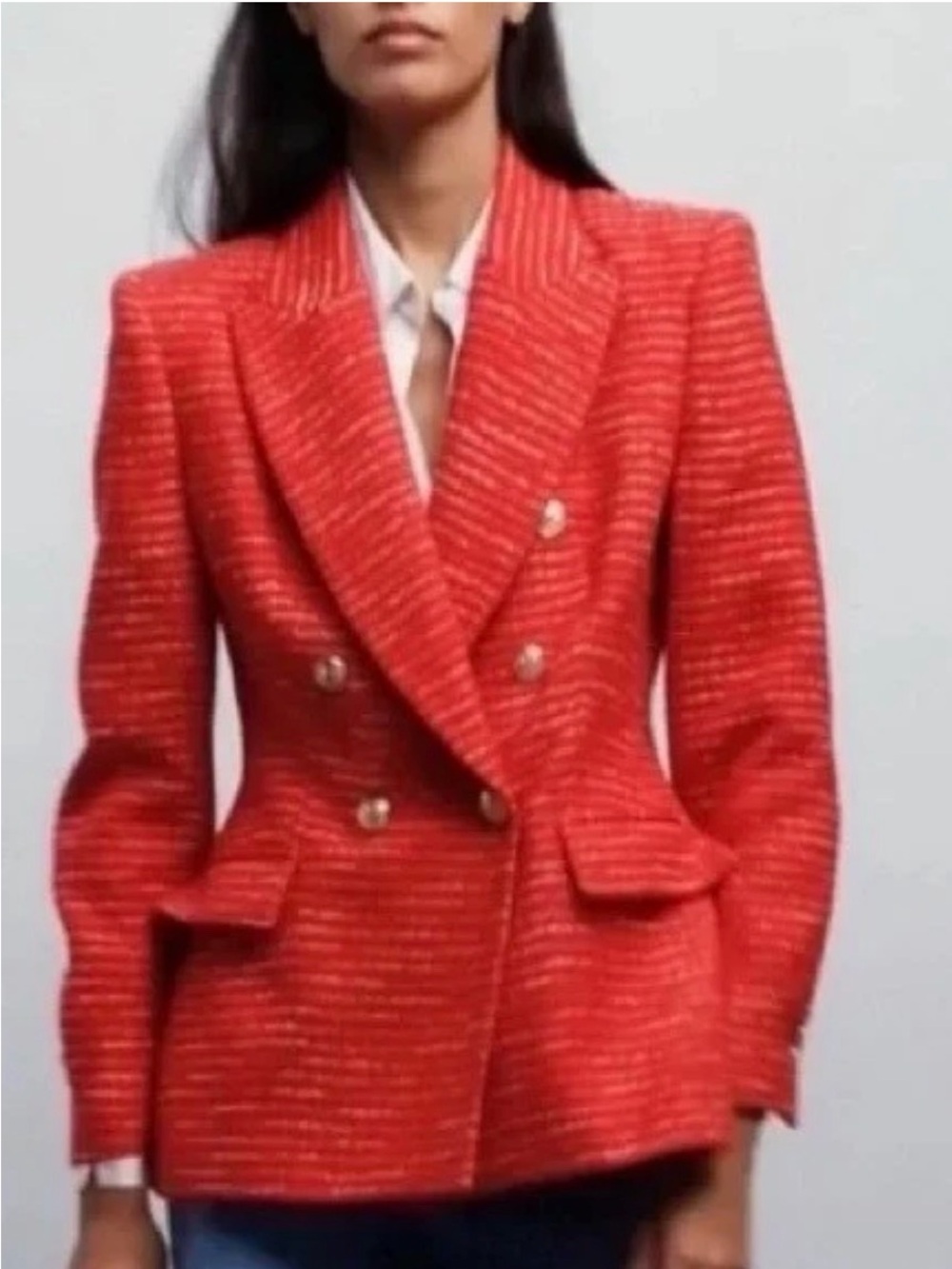 Zara Red Tweed Double-Breasted Blazer with Gold Buttons - Picture 2 of 16
